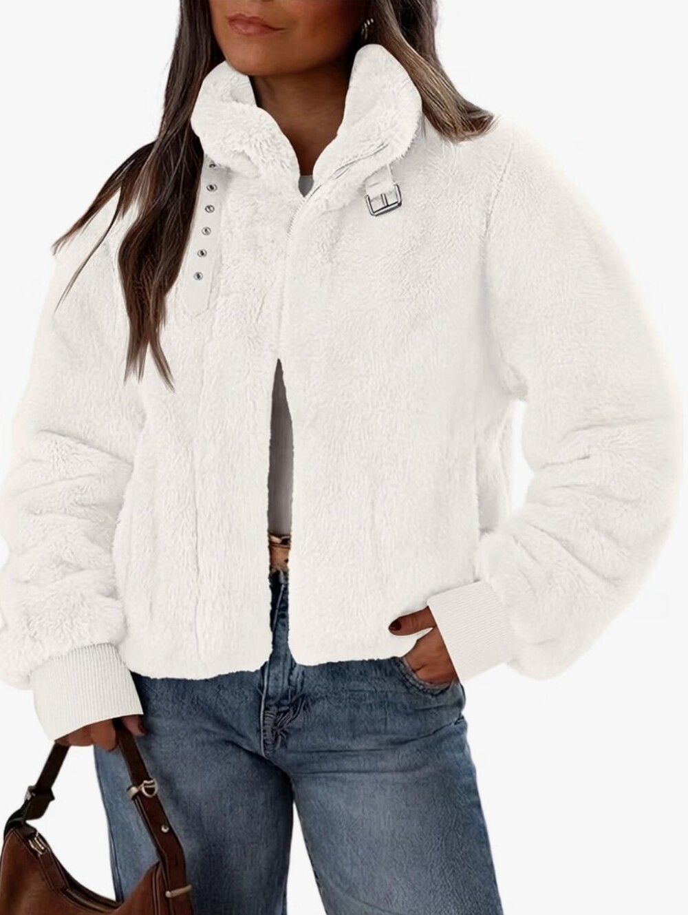 White Faux Fur Zip-Up Jacket with High Collar
